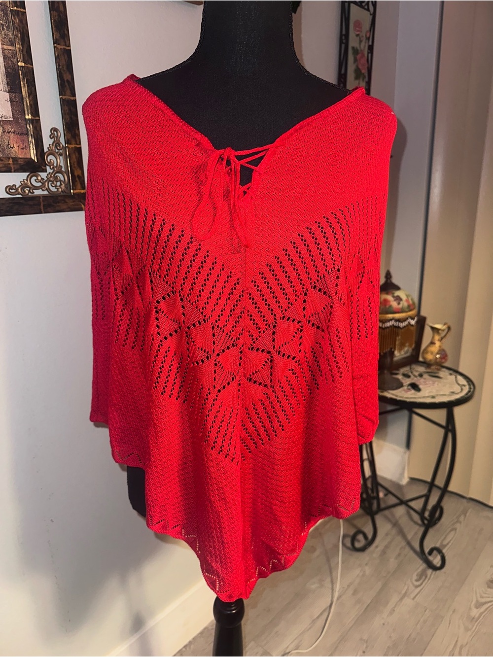 Vintage Y2K Rampage Red Open Knit Lace-Up Tie front Poncho Sweater
